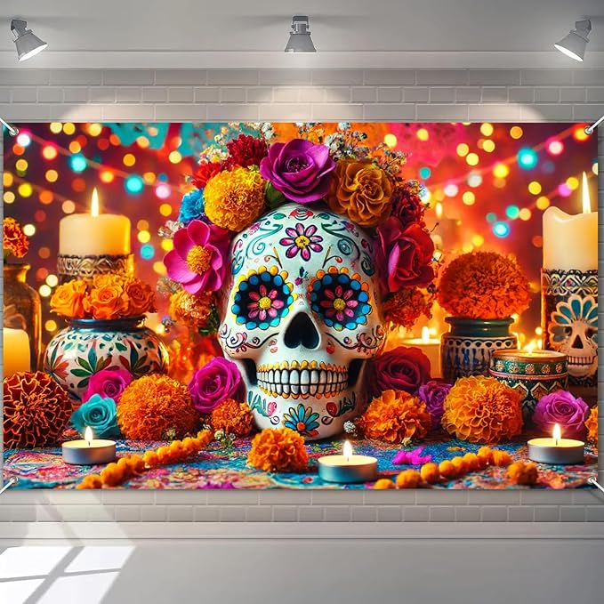 Day of the Dead Banner 71x43 Inch Dia de los Muertos Banner Decoration with Colorful Sugar Skull, Marigold Flowers, Candles and Papel Picado for Dia de los Muertos Backdrop - sugar skull candle holder