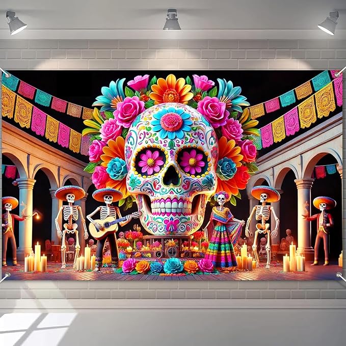 Día de los Muertos Backdrop 70.9 x 43.3 Inch Sugar Skull with Flowers Banner Colorful Skeleton Fiesta Decor for Day of the Dead Halloween Mexican Party Photo Background - sugar skull candle holder