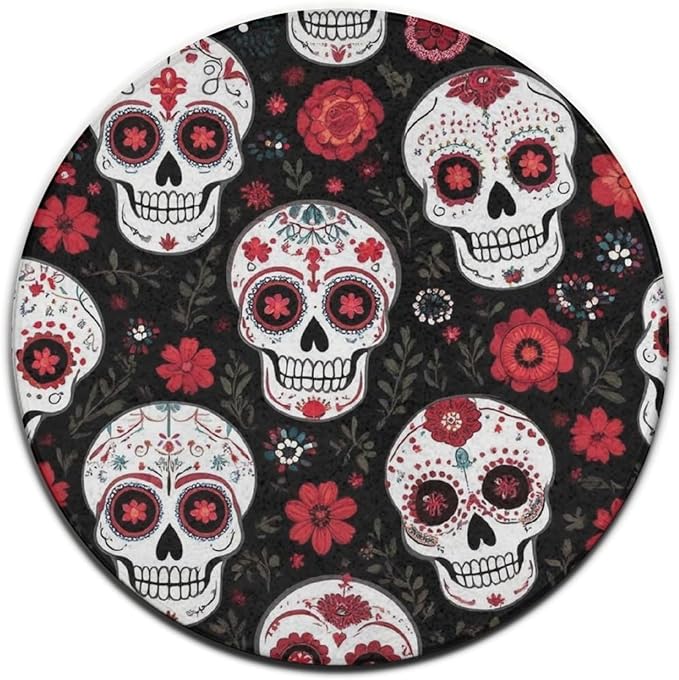 Large Round Bathroom Rug, Kitchen Office Circle Rug for Living Room Sofa Yoga Day Dead Floral Rose Sugar Skull Bedroom Circle Cute Mat, 60inch - sugar skull yoga mat