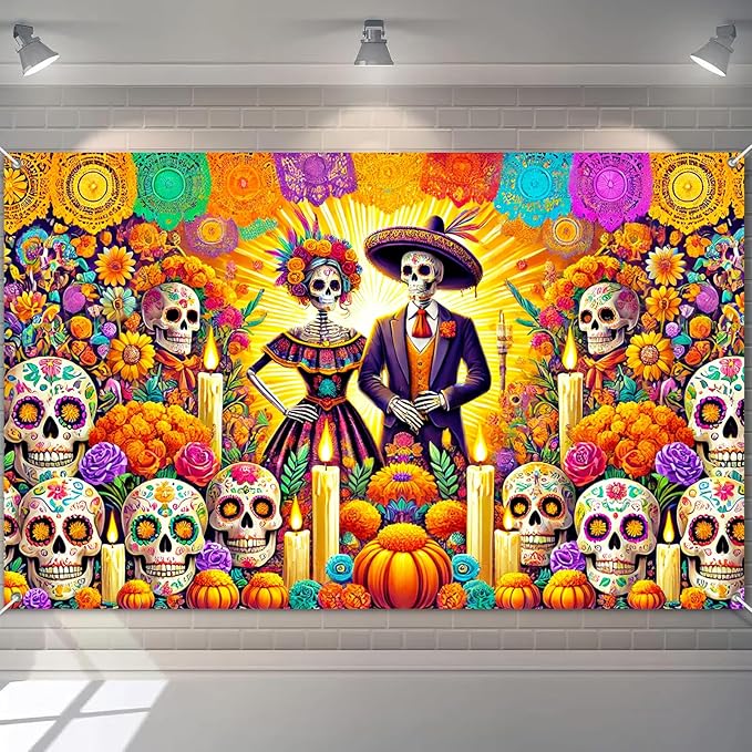 71x43 Inch Day of The Dead Wall Backdrop Halloween Sugar Skull Couple Banner Mexican Dia de Los Muertos Decor Skeleton Altar Background for Indoor Outdoor Celebration - sugar skull canvas wall art
