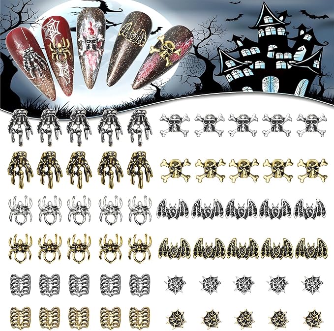 60 Pcs Halloween Nail Art Charms, 3D Skull Bat Spider Nail Rhinestones Alloy Metal Skeleton Hand Nail Art Decoration Gems for Halloween Party Manicure - sugar skull nail art