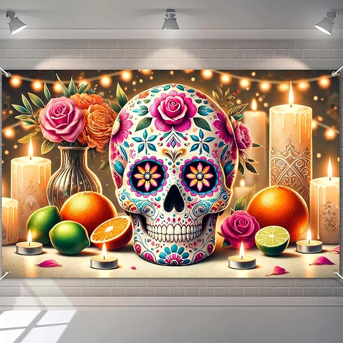 Day of the Dead Decorations Sugar Skull Banner 71x43 Inch Dia de los Muertos Backdrop Mexican Party Decor with s Flowers and Fruits for Indoor Outdoor Display - sugar skull candle holder