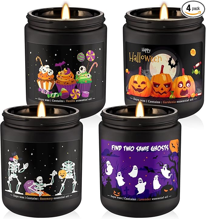 Halloween Scented Candle Set, 4-Pack 7oz Soy Wax Candles with 4 Fragrances, Long-Lasting Burning for Halloween, Christmas, Home Decor, Rituals & Themed Parties. - sugar skull candle holder