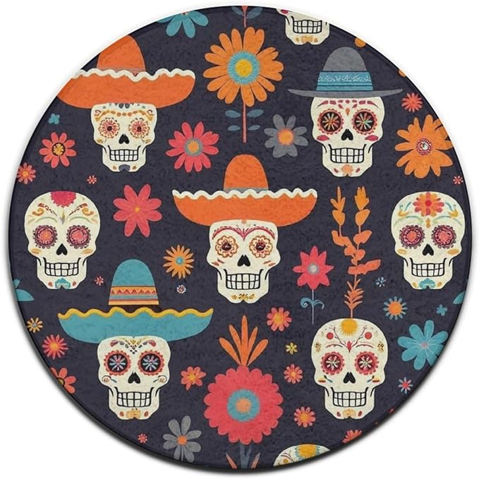 Large Round Bathroom Rug, Kitchen Office Circle Rug for Living Room Sofa Yoga Day of The Dead Sugar Skulls and Flowers Bedroom Circle Cute Mat, 60inch - sugar skull yoga mat