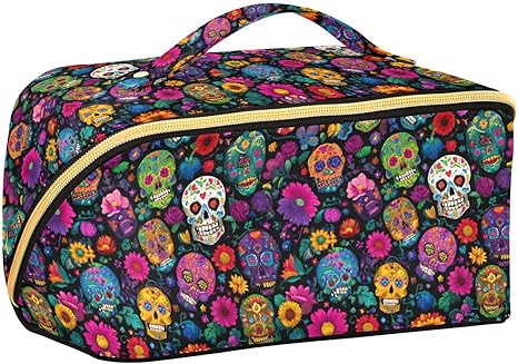 Day of the Dead Sugar Skull Travel Cosmetic Bag, Large Capacity Portable Organizer Makeup Bag for Women with Divider & Handle - sugar skull makeup kit