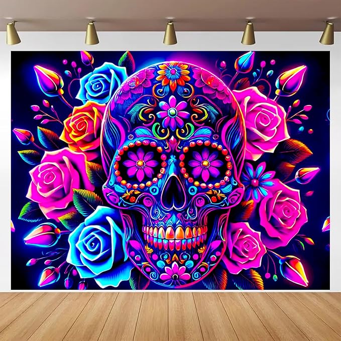 BlissYard Sugar Skull Blacklight Tapestry 78x59 Inch Floral UV Reactive Wall Hanging Colorful Rose Scene Glow in Dark Backdrop Luminous Blacklight Tapestry Aesthetic Decor - sugar skull poster print