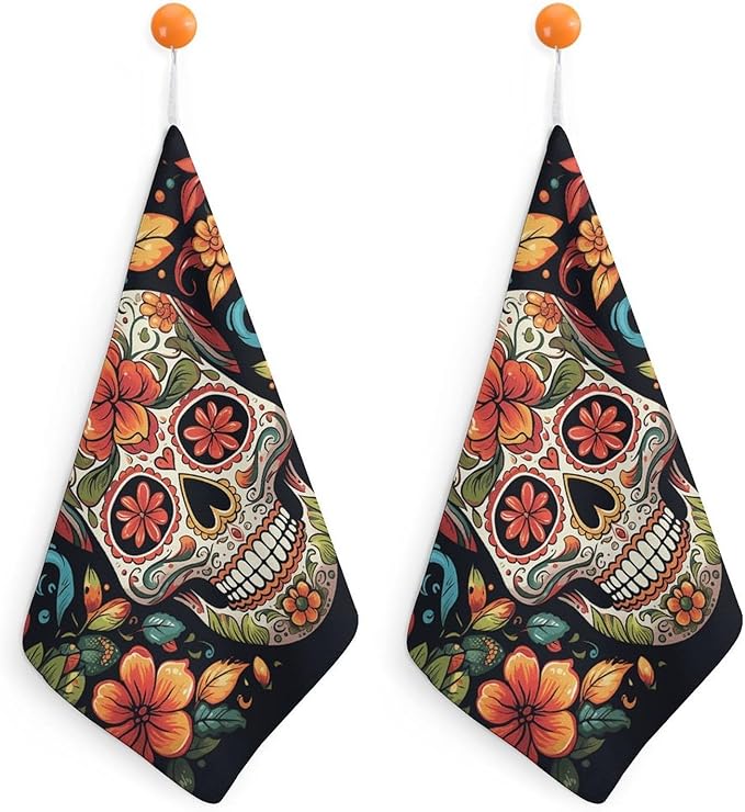 Colorful Sugar Skull Hand Towels for Bathroom - 2PCS Kitchen Towels Super Absorbent & Fast Drying Dish Towels Microfiber Cleaning Rags with Hanging Loop - Kitchen Bathroom Essentials - sugar skull beach towel