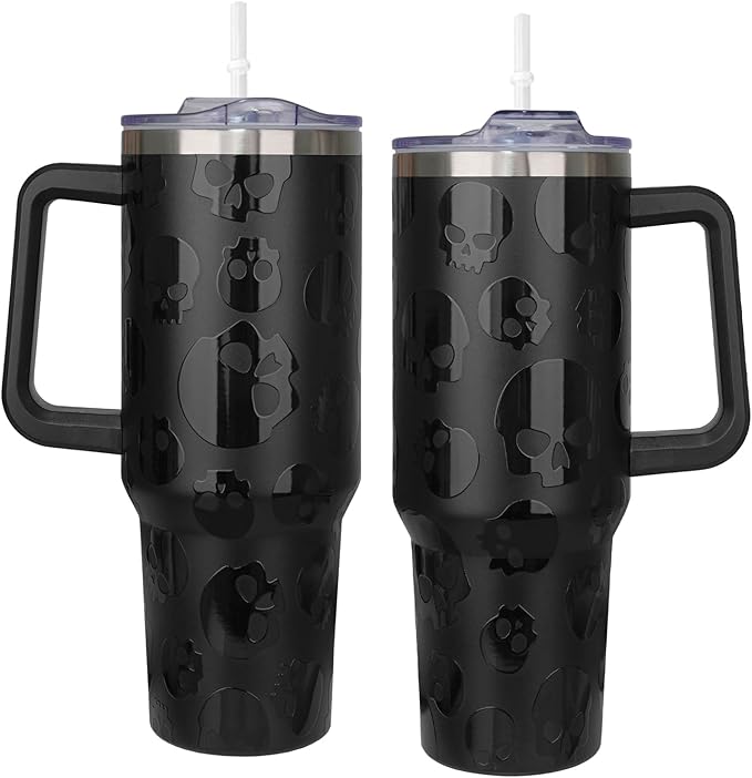 5D Printed Black Skull Tumbler Goth Gifts 40 oz Halloween Horror Tumbler with Handle Lid and Straw Spooky Skull Cups Gothic Halloween Water Bottle Travel Mug - sugar skull coffee cup