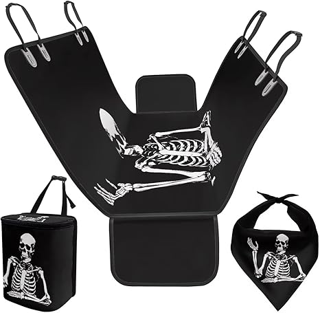 Skeleton Print Pet Back Seat Cover with Pet Bandana and Garbage Bag Dog Car Waterproof Nonslip Rubber Protector Mat for Truck SUV Most Cars, Easy to Install - sugar skull car pet seat cover