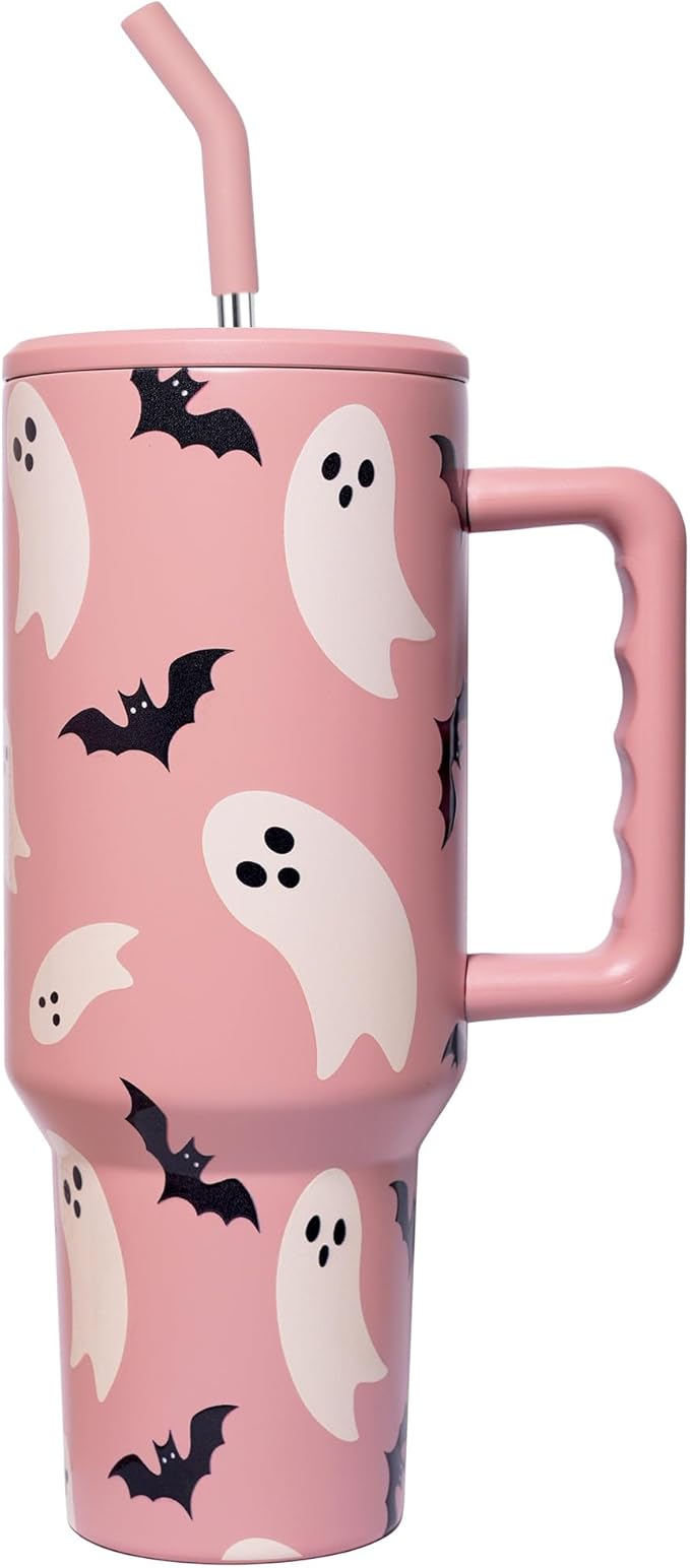 Ghost Tumbler with Straw and Lid Vacuum Insulated 40oz Stainless Steel Car Cup Gifts for Women Pink Hallo-Ween Water Bottle for Home or Travel - sugar skull tumbler with straw
