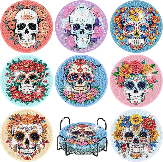askkqtx 8 Pcs Halloween Diamond Art Coasters Kits with Holder, Skull Diamond Painting Coasters Kits for Adults, DIY 5D Diamond Dots Small Mini Kit Full Drill Art Craft Supplies 4X4 Inch - sugar skull coasters set