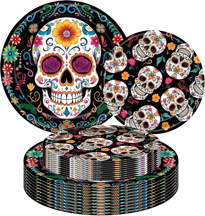 100PCS Halloween Paper Plates (50×7 Inch & 50×9 Inch) –Day of the Dead Party Supplies Skull Disposable Plates, Dessert Dinner Plates for Halloween Skeleton Day Muertos Birthday Party Decorations - sugar skull plates set