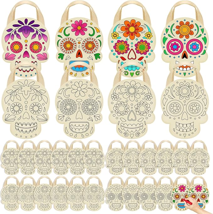 Sunnymove 24 Pcs Day of the Dead Color Your Own Goodie Bag Dia De Los Muertos Coloring Non Woven Sugar Skull Tote Treat Bags for Day of the Dead Party Decorations Mexican Party Favors Halloween Decor - canvas sugar skull tote bag