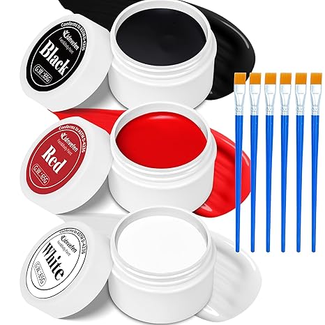 3 Colors Oil Based Face Body Paint Set with 6 Brushes, White Black Red Clown Makeup Kit for Halloween Goth Pennywise Joker Devil Zombie Vampire Skeleton SFX Cosplay Stage, Non Toxic for Kids & Adults - sugar skull makeup kit