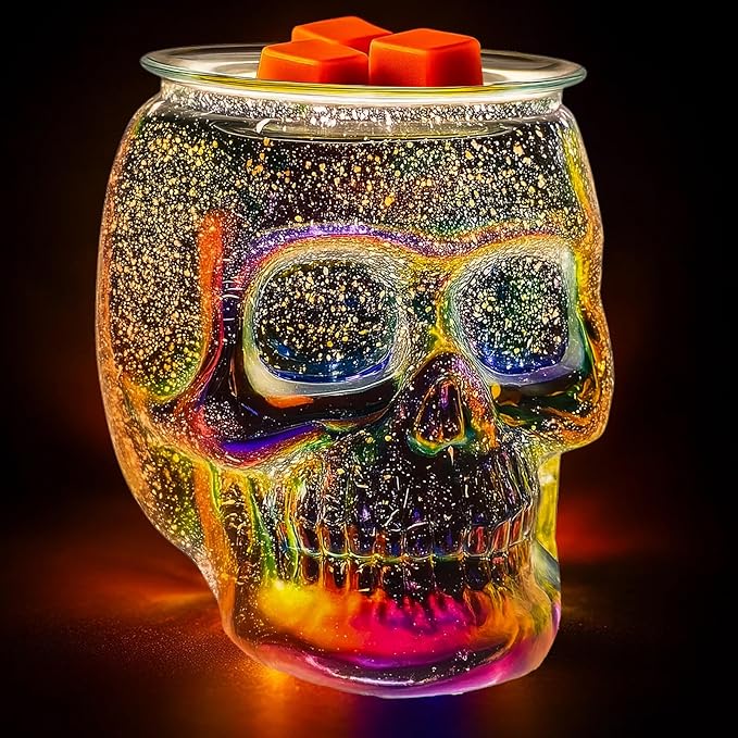 Wax Melt Warmer with Timer, Wax Warmer for Scented Wax with Light Bulb, Electric Skull Wax Burner, Halloween Fragrance Wax Melter for Home and Gifts (Rainbow Skull) - sugar skull candle holder