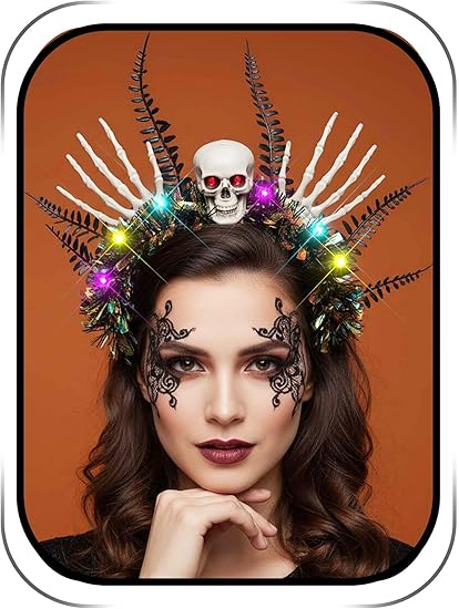 Light UP Skull Headband Spooky Halloween Hair Band Skeleton Rave Festival Headwear for Women - sugar skull flower crown