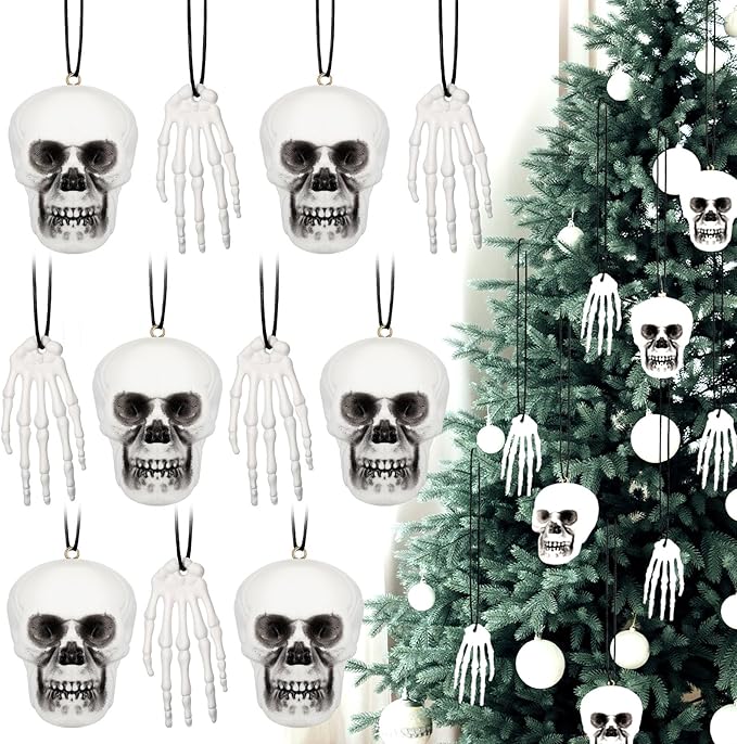 Poen 24 Pcs Christmas Skull Hanging Tree Goth Ornament Skull Plastic Mini Christmas Small Skeleton Head Decoration Spooky Xmas Hanging Ornament for Xmas Party Supplies - sugar skull christmas ornament
