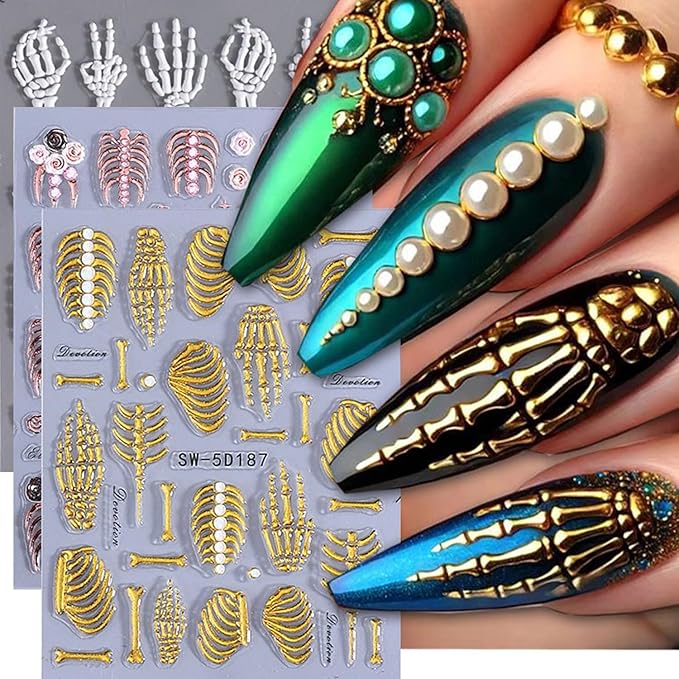 3Sheets Halloween Skeleton Nails Stickers Embossed Skull Hand Bone Rose Flower Nail Art Stickers 5D Self-Adhesive Nail Decals for Fingernails DIY Nails Halloween - DIY Manicure Tips Nail Accessories - sugar skull nail art
