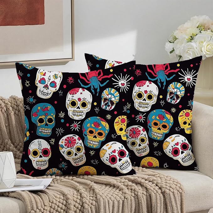 Colorful Skull Linen Pillowcases Set - 2-Pack Decorative Halloween Throw Pillow Covers with Day of The Dead Sugar Skull Design - Soft Cushion Covers for Couch, Bed, Sofa - 18x18 inches - sugar skull throw pillow