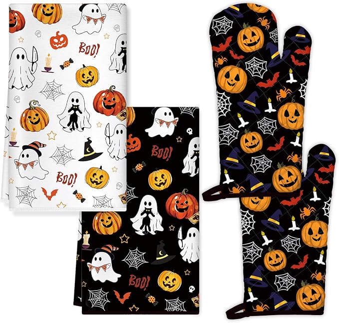Halloween Pumpkin Kitchen Towels and Oven Mitts Set 4Pcs, Soft Absorbent Dish Cloth Heat Resistant Oven Gloves for Cooking Baking Kitchen Decoration, Gifts for Her - sugar skull oven mitts