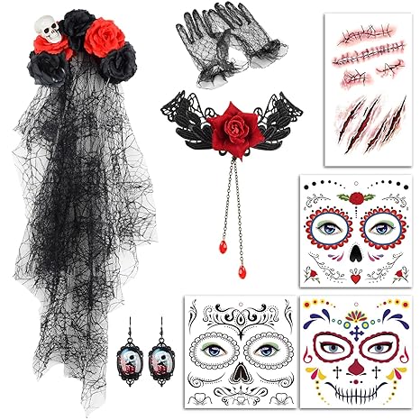 SKEFOLI Day Of The Dead Costumes For Women,Face tattoos and face painting,Women'S Day Of The Dead Rose Flower Costume Headpiece, Catrina Headpiece,Suitable For Halloween Role Play Costume Accessories - sugar skull flower crown