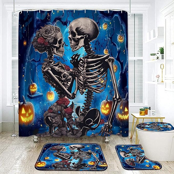 Halloween Bathroom Shower Curtain Set,4 Pcs Skeleton Lovers Gothic Skull Bath Decor with Curtains Mats/U-Shape Rugs Toilet Seat Cover and Hooks (Blue) - sugar skull shower curtain set