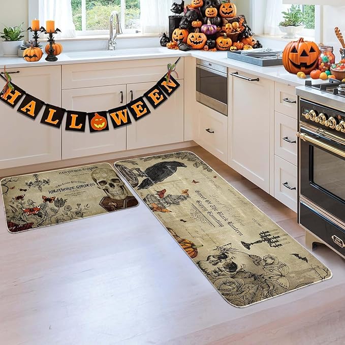 2Pcs Halloween Kitchen Floor Mat Doormat Gothic Butterfly Skull Decorative, Non-Slip Crystal Velvet Rug, Indoor/Outdoor Spooky Kitchen Mat for Kitchen Front Door Porch Decor 16x24+16x48Inch - sugar skull floor mat