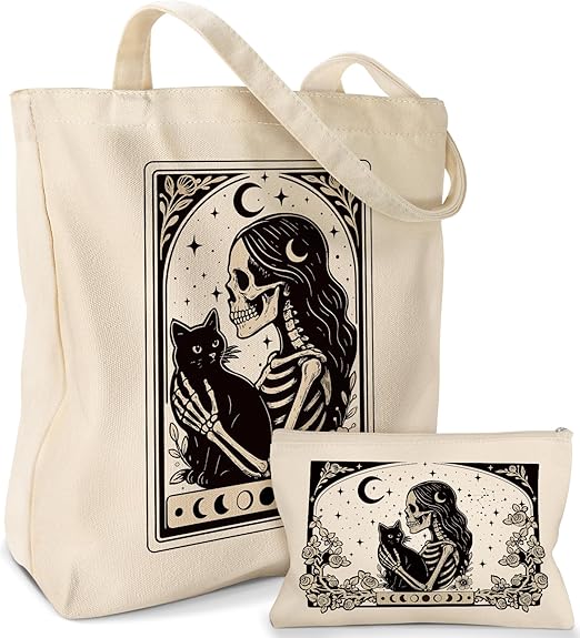 2 Pack Canvas Tote Bag - with Makeup Pouch Aesthetic Cute Women Reusable Canvas Bag for Shopping, Work, Travel - canvas sugar skull tote bag