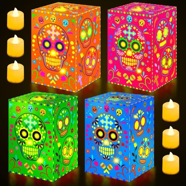 48 Pcs Day of The Dead Decorations Sugar Skull Candle Holder Boxes with Tea Lights Hollowed Paper Boxes Luminary Bags for Dia De Los Muertos Altar Decor Supplies(4 Styles) - sugar skull candle holder