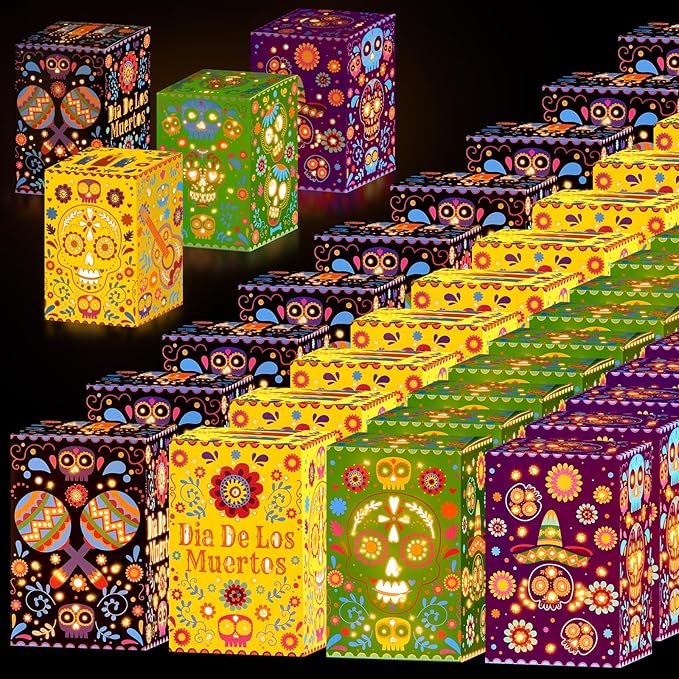 36 Pcs Dia De Los Muertos Decorations Sugar Skull Candle Holder Boxes Day of The Dead Decorations Luminary Bags Halloween Decorative Hollowed Paper Boxes Ofrenda Altar Diwali Decor - sugar skull candle holder