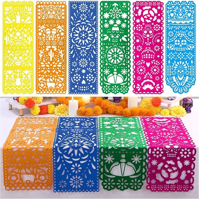 6 Pack Day of The Dead Altar Decor Papel Picado Table Runners 29 x 10 Inch Dia De Muertos Decorations Sugar Skull Mexican Table Runner Mexican Party Fiesta Carnival Cinco De Mayo Mantel Decor - sugar skull christmas ornament