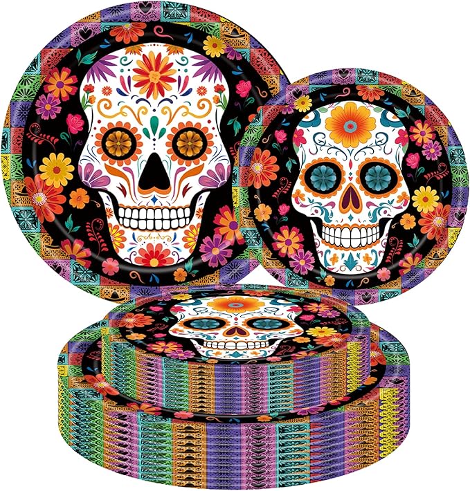 100 Pack Day of the Dead Party Supplies Paper Plates (50×7" + 50×9")-Disposable Plates for Halloween Party, Skull Dinner Dessert Plates, Plate Set for Holiday Skeleton Day Muerto Decor - sugar skull plates set