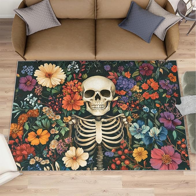Sugar Skeleton Area Rug 4x6-4x6 Rug, Mexican Sugar Skull Rugs for Living Room, Boho Botanical Carpet, Halloween Washable Area Rugs for Bedroom, Floral Skull Carpet - Skeleton Home Decor & Gifts - sugar skull area rug