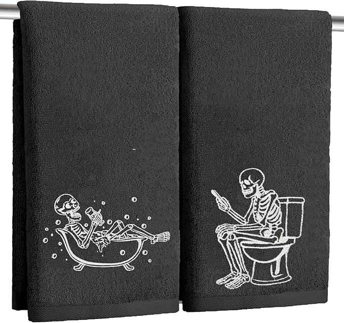 2 Pack Luminous Halloween Hand Towels 100% Cotton Embroidered Skull Halloween Kitchen Towels Glow in The Dark Black Skeleton Bathroom Towels Seasonal Bathroom Decor(Black Skeleton) - sugar skull beach towel