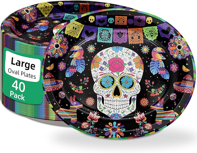 40Pcs Day of the Dead Decorations,10x12 Inch Large Mexican Sugar Skull Plates,Halloween Heavy Duty Disposable Platter for Dia de Los Muertos Party Supplies - sugar skull plates set