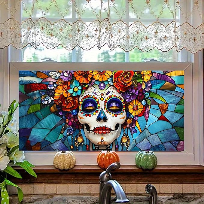 Day of The Dead Window Film 39.3x17.7 Inch Sugar Skull Cling Dia de Los Muertos Gothic Halloween Window Sticker for Glass Decor Calavera Removable Window Art for Home Office - sugar skull vinyl sticker