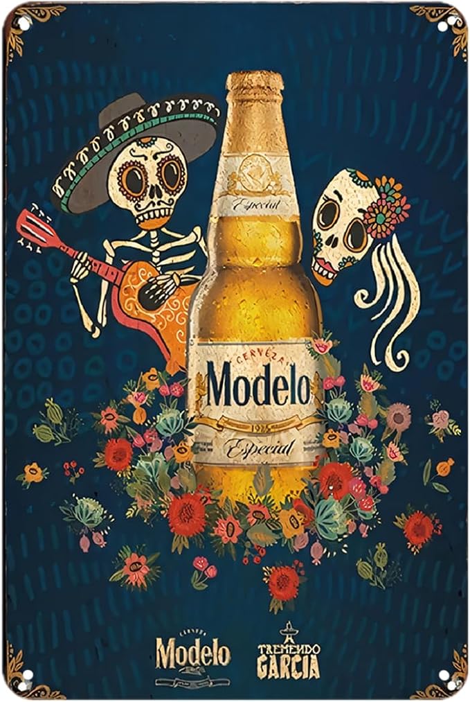 Modelo Beer Day of the Dead Sugar Skull Mariachi Vintage Mexican Metal Sign Print Aesthetic Room Decoration for Home Bedroom Dorm Bathroom Wall Decor 8 x 12, easy to hang - sugar skull poster print