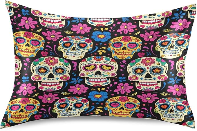 Colorful Sugar Skulls Satin Pillowcase, Smooth and Cool Silk Pillow Case, Soft and Breathable Envelope Closure Silk Pillowcase for Hair and Skin,Standard Size 20 x 26in - sugar skull throw pillow