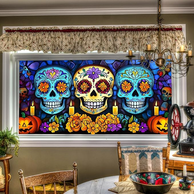 Dia de Los Muertos Window Film 39.3x17.7 Inch Day of The Dead Window Cling Halloween Sugar Skull Window Sticker with Pumpkin and Marigold Gothic Calavera Glass Decal - sugar skull vinyl sticker