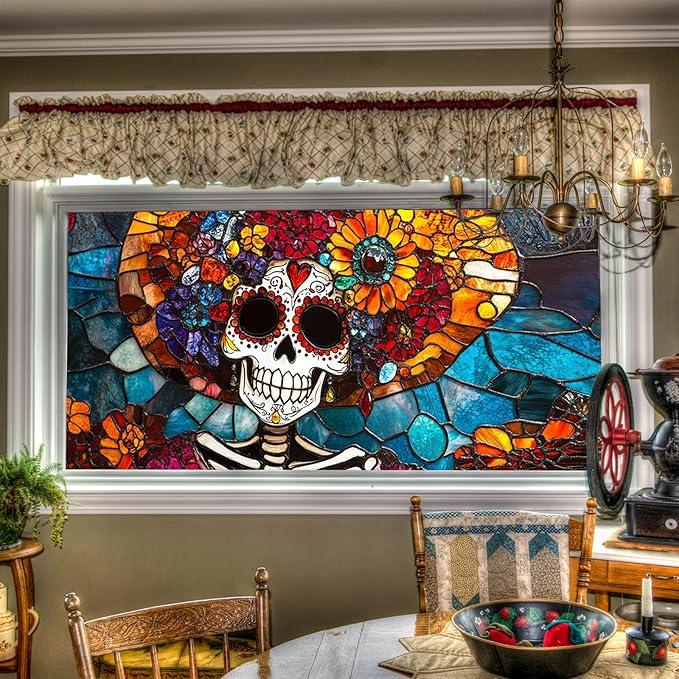 Day of The Dead Window Film 39.3x17.7 Inch Sugar Skull Windows Cling Halloween Calavera Glass Sticker for Glass Dia de Los Muertos Removable Gothic Window Art Decoration - sugar skull vinyl sticker