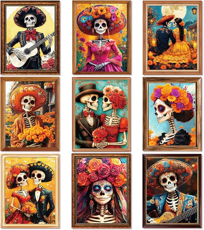Day of The Dead Poster - 9 Piece Mexican Day of the Dead Decorations Sugar Skull Wall Art Dia De Los Muertos Party Decoration Skeleton Halloween Wall Decor for Mexican Fiesta Party Decor, Unframed - sugar skull poster print
