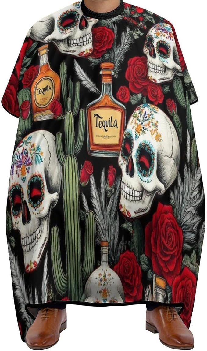 Large Long Salon Gown Cape - Haircut Cloth Apron Cape Vintage Day of Dead Sugar Skulls Rose Flowers Cactus Haircut Cloth Wrap Protector for Home Stylists - sugar skull apron for women