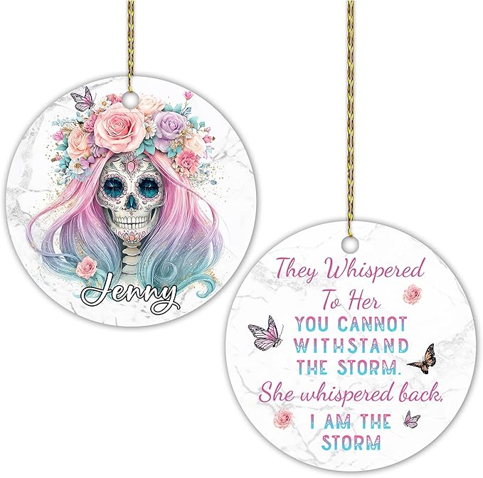 Personalized Skull Christmas Ornament for Skull Lovers, Sugar Skulls Motivational Gifts for Women, Tree Decoration Gift, Custom Name Circle Ceramic Ornament Xmas Keepsake Decor - sugar skull christmas ornament