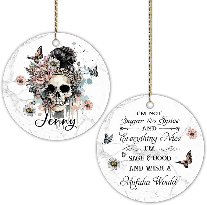 Personalized Skull Christmas Ornament for Skull Lovers Women, Floral Skulls Gifts for Girls, Sugar Skulls Christmas Tree Decorations, Custom Name 2-Sided Ceramic Circle Ornament Keepsake - sugar skull christmas decorations