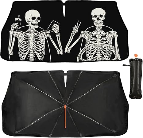 Funny Skeleton Driving Car Windshield Sunshade Umbrella Skull Sun Shade for Car Windshield Umbrella Upgraded Sunshades Blocks UV & Heat Front Window Shades for SUV Sedan Auto - sugar skull car sunshade for windshield