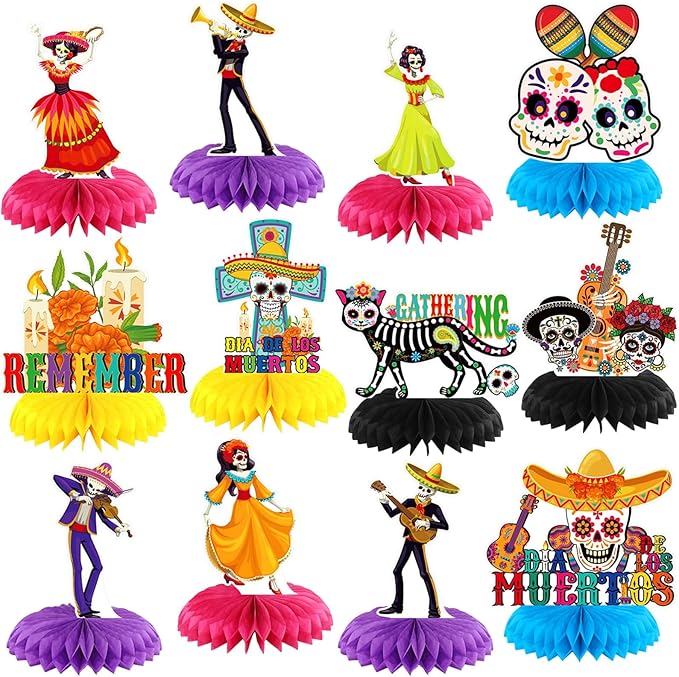 Pickmesh 12 Pieces Day of The Dead Party Decorations Honeycomb Centerpieces Dia De Los Muertos Table Decorations Sugar Skull Guitar Table Topper for Halloween Mexican Day of The Dead Party Favors - sugar skull christmas ornament
