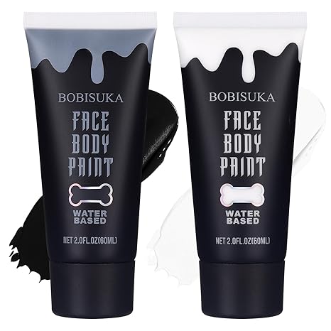 BOBISUKA Black and White Face Body Paint Kit, Water Based Face Painting for Halloween Clown Skeleton Joker Zombie Mime Sugar Skull Makeup for Women Adults, Non-Toxic Washable - sugar skull makeup kit