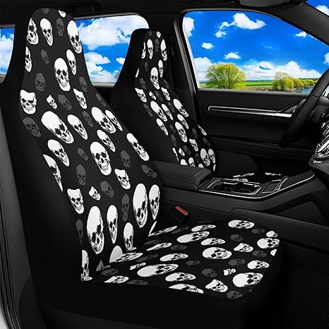 Skull Car Front Seat Cover 2 Piece Black Car Seat Protector for Pets Waterproof Automotive Interior Accessories for Sports Universal Fits All Season - sugar skull car pet seat cover