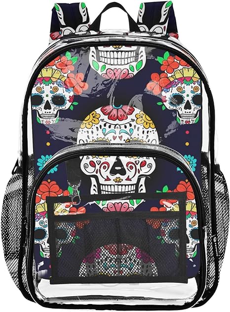 Luminous Sugar Skulls Clear Backpack, Heavy Duty Transparent Bookbag for Kids, School, Stadium Approved - best sugar skull backpack