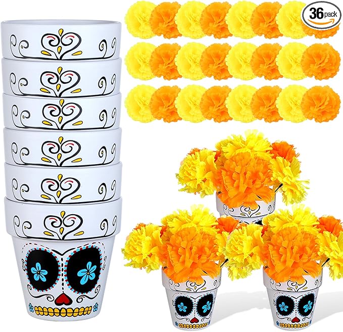 36 Pcs Day of The Dead Table Centerpiece Sugar Skull Pots with Marigold Flower Dia De Los Muertos Skeleton Centerpiece for Halloween Party Tables Decorations - sugar skull christmas ornament